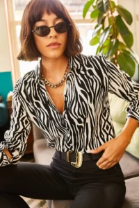 Olalook Women's Black Zebra Patterned Viscose Shirt - Image 3