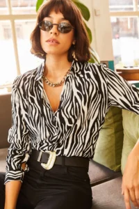 Olalook Women's Black Zebra Patterned Viscose Shirt - Image 5