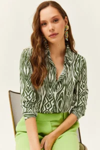 Olalook Women's Emerald Green Zebra Patterned Viscose Shirt - Image 3