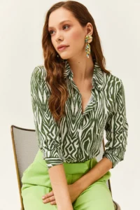 Olalook Women's Emerald Green Zebra Patterned Viscose Shirt - Image 4