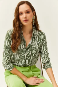 Olalook Women's Emerald Green Zebra Patterned Viscose Shirt - Image 5