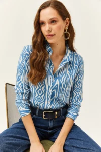 Olalook Women's Indigo Zebra Patterned Viscose Shirt - Image 3