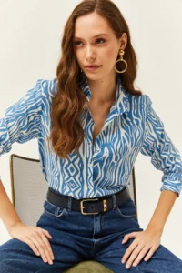 Olalook Women's Indigo Zebra Patterned Viscose Shirt - Image 4
