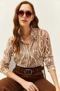 Olalook Women's Mink Zebra Patterned Viscose Shirt - Image 3