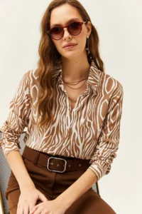 Olalook Women's Mink Zebra Patterned Viscose Shirt - Image 5