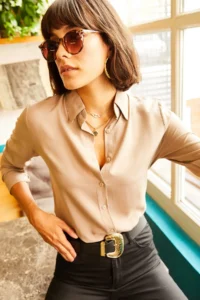 Olalook Women's Milk Coffee Woven Viscose Regular Fit Shirt - Image 3
