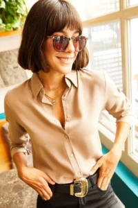 Olalook Women's Milk Coffee Woven Viscose Regular Fit Shirt - Image 4