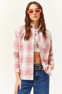 Olalook Women's Ecru Dusty Rose Single Pocket Thick Plaid Lumberjack Shirt - Image 2
