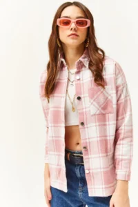 Olalook Women's Ecru Dusty Rose Single Pocket Thick Plaid Lumberjack Shirt - Image 3