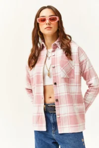 Olalook Women's Ecru Dusty Rose Single Pocket Thick Plaid Lumberjack Shirt - Image 4