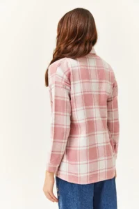 Olalook Women's Ecru Dusty Rose Single Pocket Thick Plaid Lumberjack Shirt - Image 5