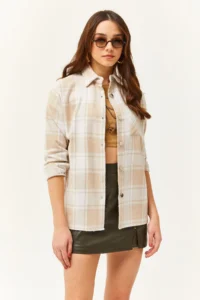 Olalook Women's Ecru Stone Single Pocket Thick Plaid Lumberjack Shirt - Image 2