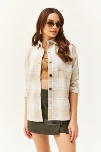 Olalook Women's Ecru Stone Single Pocket Thick Plaid Lumberjack Shirt - Image 3
