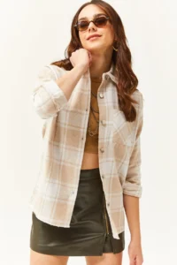 Olalook Women's Ecru Stone Single Pocket Thick Plaid Lumberjack Shirt - Image 4