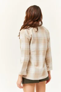 Olalook Women's Ecru Stone Single Pocket Thick Plaid Lumberjack Shirt - Image 5