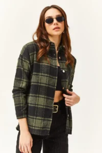 Olalook Women's Khaki Black Single Pocket Thick Plaid Lumberjack Shirt - Image 2