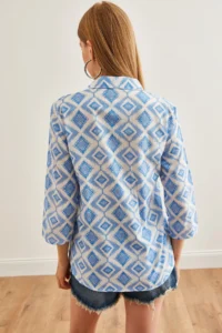 Olalook Women's Baklava Blue Sleeve Folded Linen Shirt - Image 2