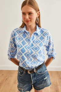 Olalook Women's Baklava Blue Sleeve Folded Linen Shirt - Image 3