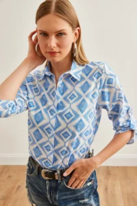 Olalook Women's Baklava Blue Sleeve Folded Linen Shirt - Image 5