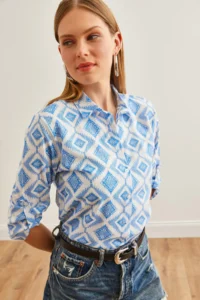 Olalook Women's Baklava Blue Sleeve Folded Linen Shirt - Image 6