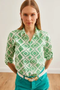 Olalook Women's Baklava Green Sleeve Folded Linen Shirt