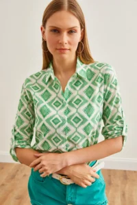 Olalook Women's Baklava Green Sleeve Folded Linen Shirt - Image 4