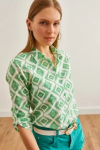 Olalook Women's Baklava Green Sleeve Folded Linen Shirt - Image 6