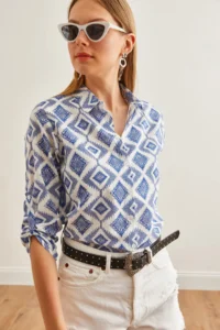Olalook Women's Baklava Navy Blue Sleeve Folded Linen Shirt