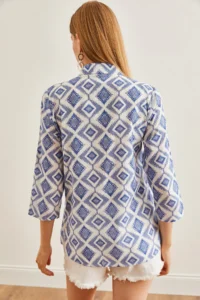 Olalook Women's Baklava Navy Blue Sleeve Folded Linen Shirt - Image 2
