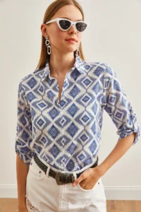 Olalook Women's Baklava Navy Blue Sleeve Folded Linen Shirt - Image 3