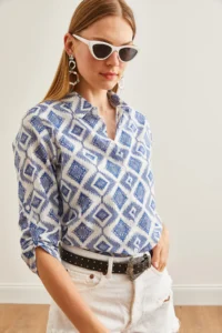 Olalook Women's Baklava Navy Blue Sleeve Folded Linen Shirt - Image 4