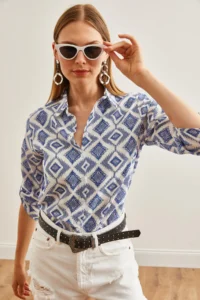 Olalook Women's Baklava Navy Blue Sleeve Folded Linen Shirt - Image 5