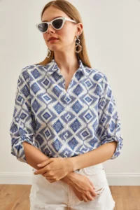Olalook Women's Baklava Navy Blue Sleeve Folded Linen Shirt - Image 6
