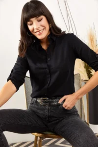 Olalook Women Black Kol folded Linen Shirt - Image 3