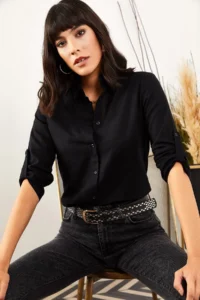 Olalook Women Black Kol folded Linen Shirt - Image 4
