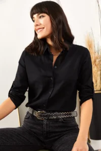 Olalook Women Black Kol folded Linen Shirt - Image 5