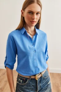 Olalook Women Blue Kol folded Linen Shirt
