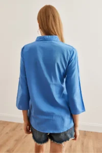 Olalook Women Blue Kol folded Linen Shirt - Image 2