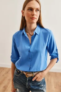 Olalook Women Blue Kol folded Linen Shirt - Image 3