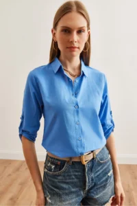 Olalook Women Blue Kol folded Linen Shirt - Image 4