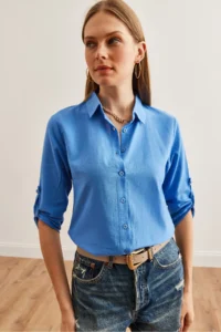 Olalook Women Blue Kol folded Linen Shirt - Image 5