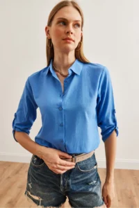 Olalook Women Blue Kol folded Linen Shirt - Image 6