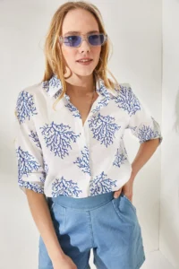 Olalook Women's Bush Blue Sleeve Folded Linen Shirt - Image 2