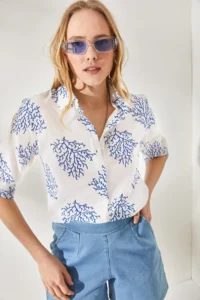 Olalook Women's Bush Blue Sleeve Folded Linen Shirt - Image 3