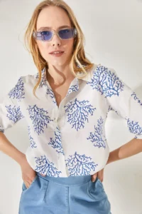 Olalook Women's Bush Blue Sleeve Folded Linen Shirt - Image 4