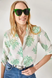 Olalook Women's Bush Green Sleeve Folded Linen Shirt