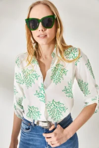 Olalook Women's Bush Green Sleeve Folded Linen Shirt - Image 2