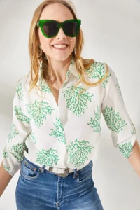 Olalook Women's Bush Green Sleeve Folded Linen Shirt - Image 3