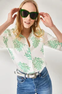 Olalook Women's Bush Green Sleeve Folded Linen Shirt - Image 4