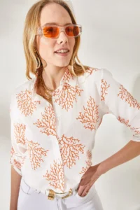 Olalook Women's Bush Orange Sleeve Folded Linen Shirt - Image 2